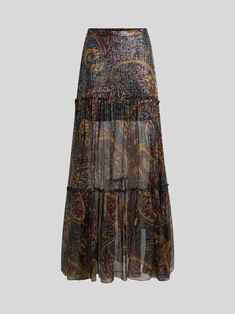 Silk maxi skirt with striped floral paisley motif