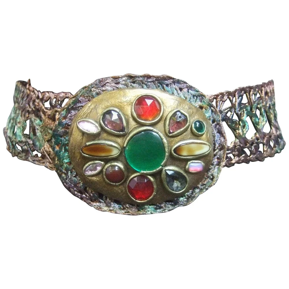 Artisan Glass Stone Buckle Woven Metal Belt c 1980s