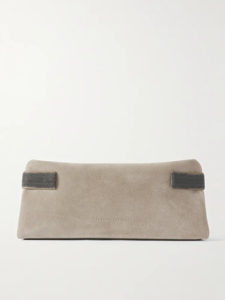 Bead-embellished leather-trimmed suede clutch