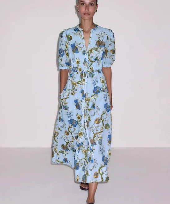 ME+EM Cotton Floral Garden Print Midi Dress Blue-white Women's