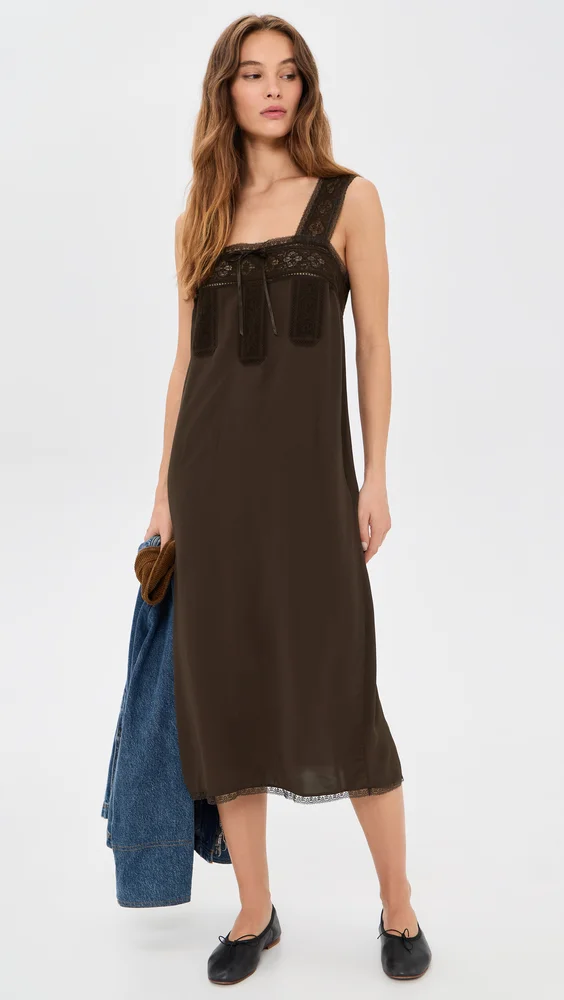 Lace Insert Tie Front Midi Dress