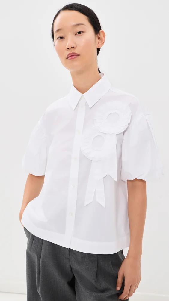 Cropped Ribbon Rosette Puff Sleeve Shirt