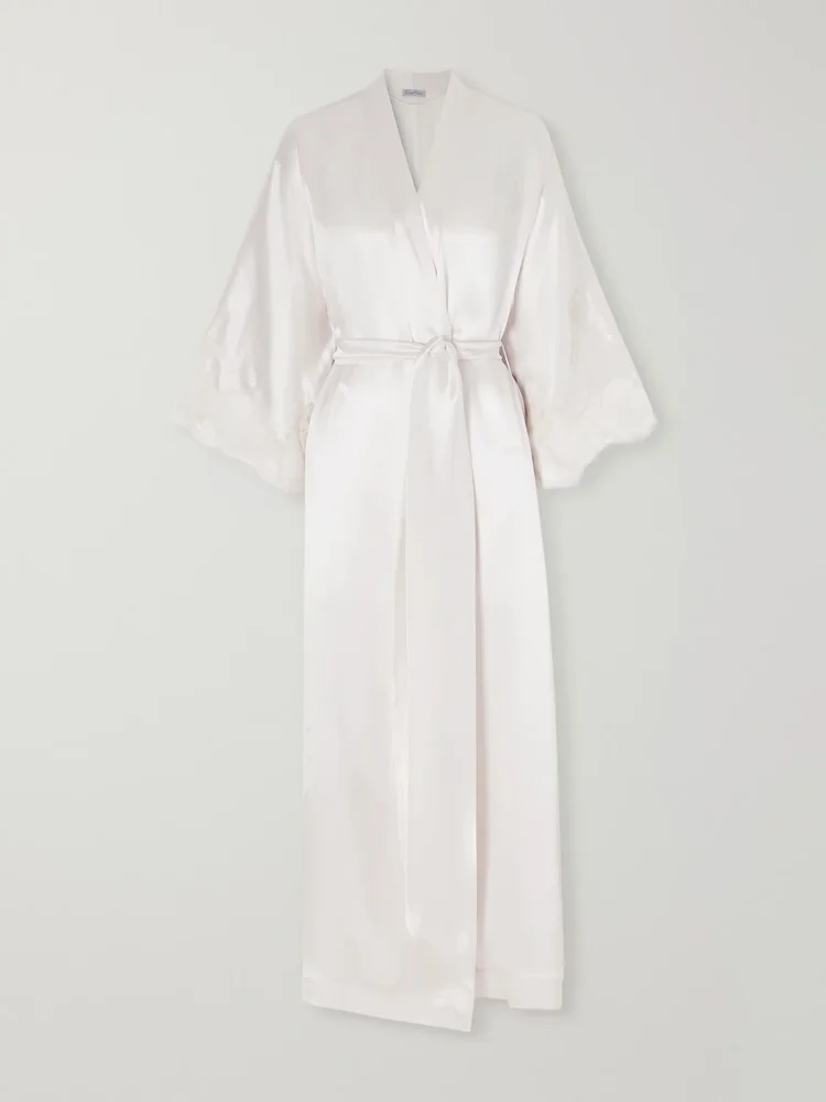 Belted lace-trimmed silk-satin robe