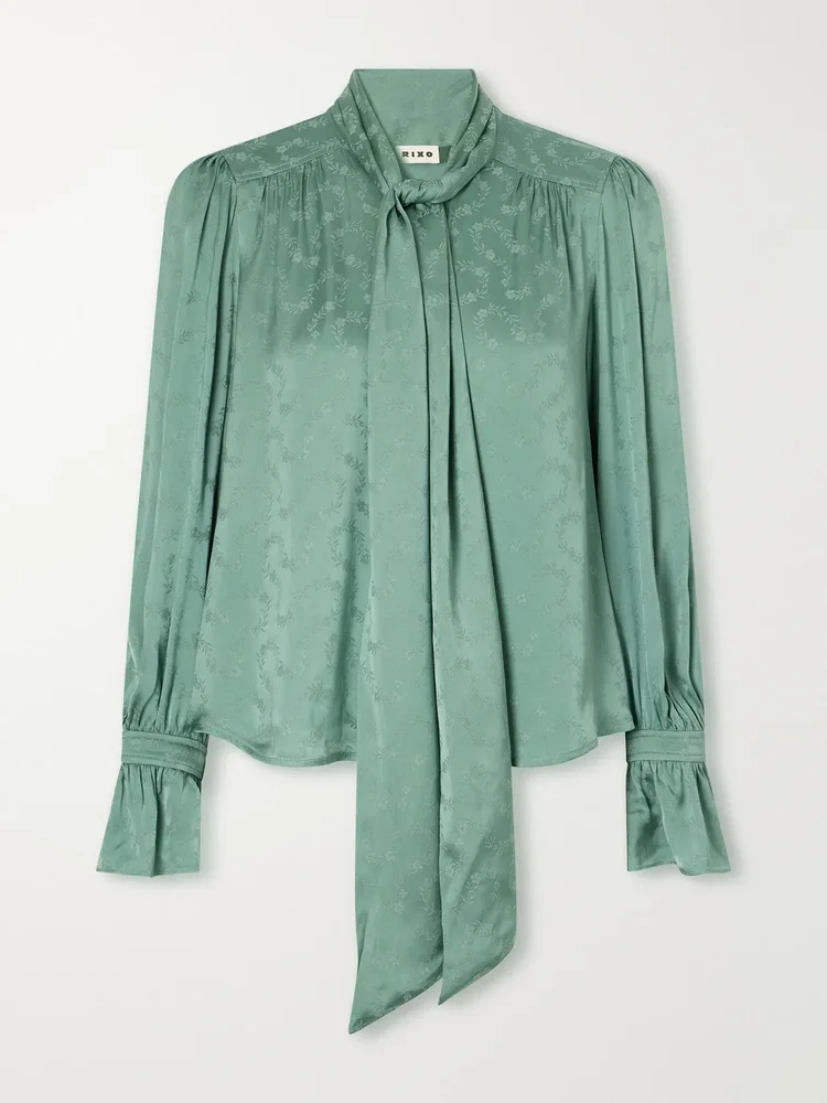 Evanora pussy-bow gathered floral-jacquard satin blouse