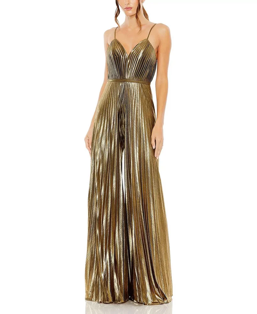 Petite Metallic Pleated Wide-Leg V-Neck Jumpsuit
