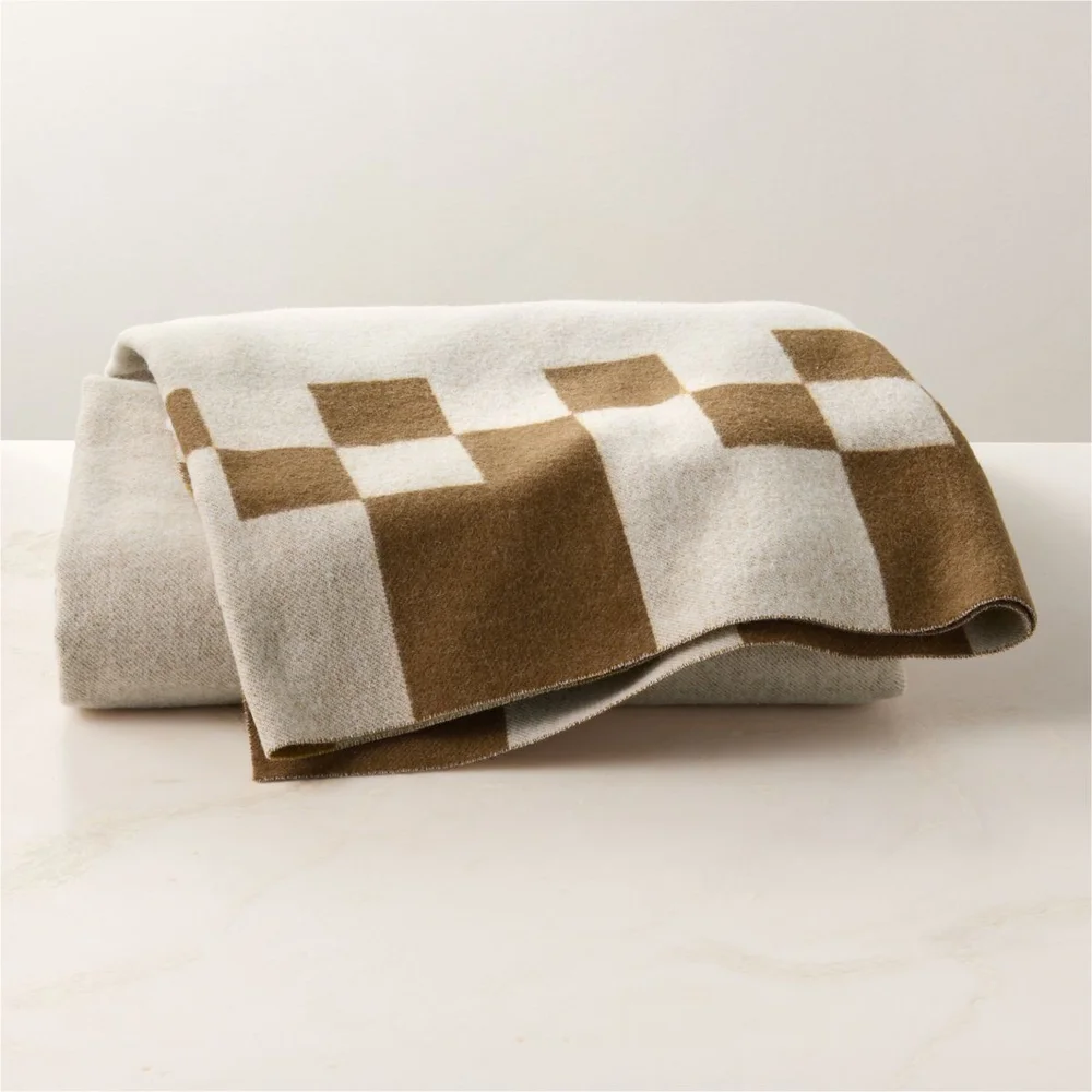 Check Tobacco Brown Merino Wool Throw Blanket 50"x70"