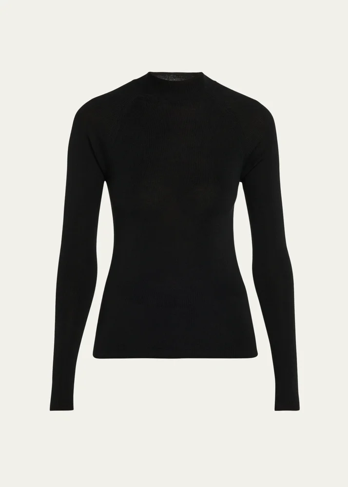 Mock-Neck Merino Silk Micro Rib Knit T-Shirt