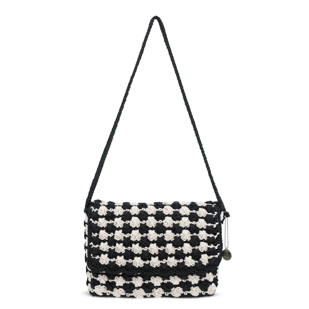 Marlow Flap Shoulder Bag, Hand Crochet, Black Ecru Shell