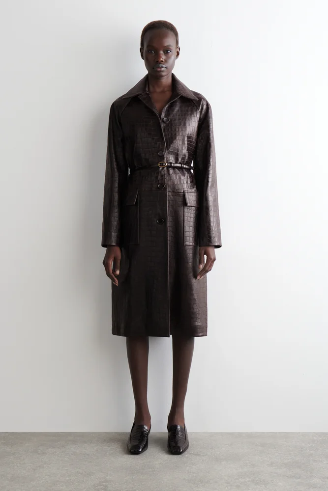 Croc-Effect Leather Long Coat