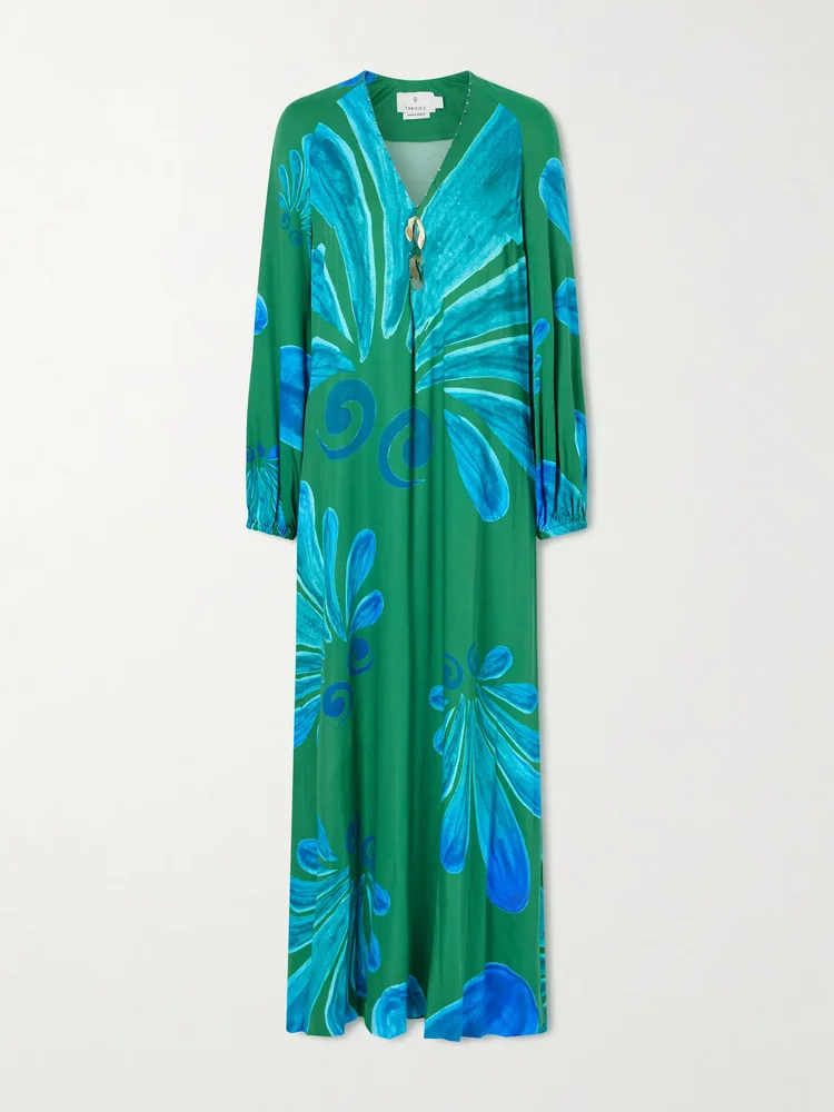 Alcmene embellished printed crepe maxi dress