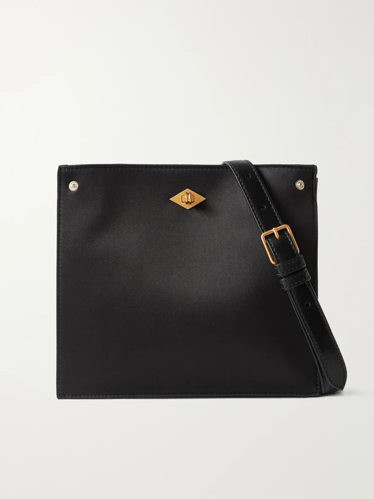 stowaway leather trimmed satin shoulder bag