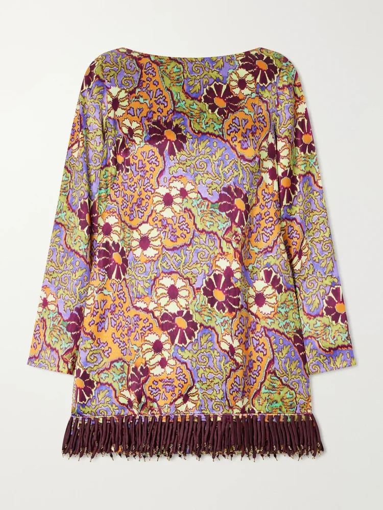 Floral-print fringed satin mini dress
