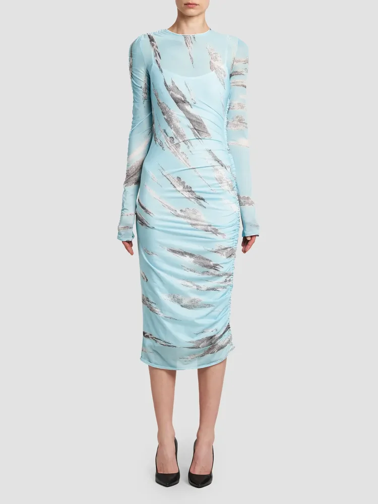 Ruched Abstract Stretch-Tulle Midi Dress