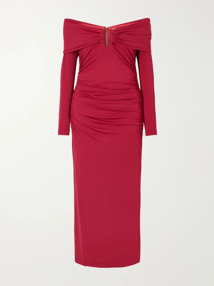 Draped off-shoulder jersey-stretch midi dress