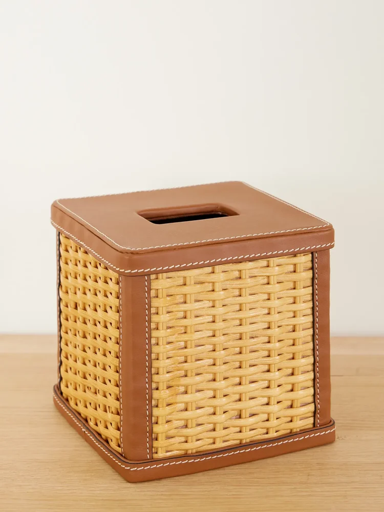 Bailey leather-trimmed rattan-woven tissue box