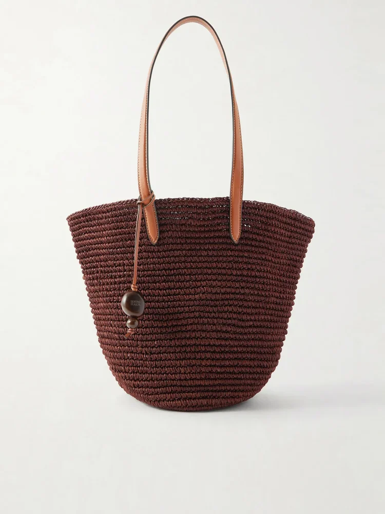Market leather-trimmed woven raffia tote