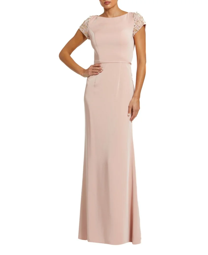 Beaded Cap Sleeve Satin Column Evening Gown