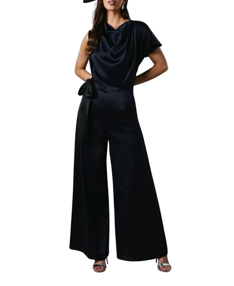 Tie Side Satin Drape Wide Leg Jumpsuit