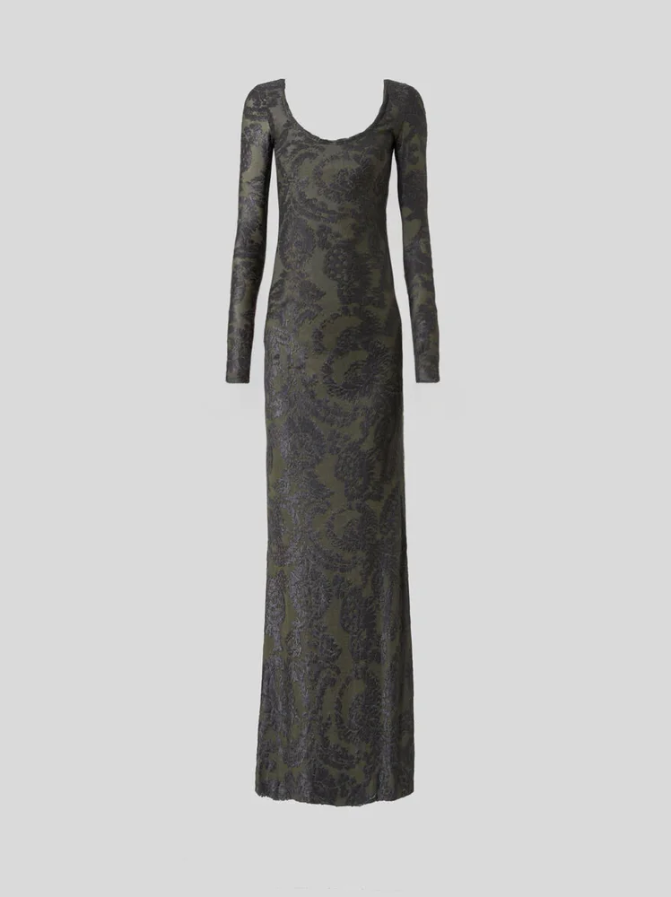 Chenille jacquard long dress with paisley foliage motif