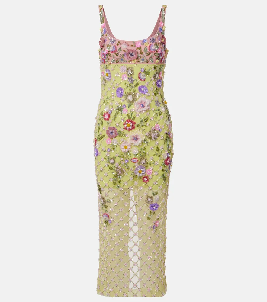 Floral embellished mesh cocktail dress