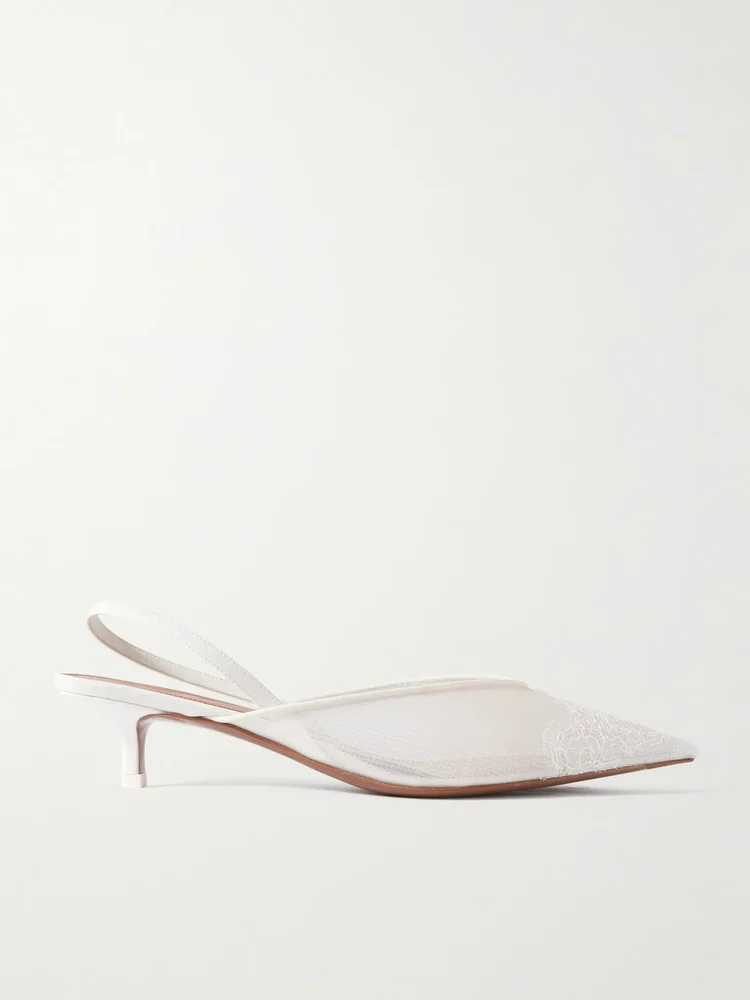 Irena satin and lace-trimmed mesh slingback pumps