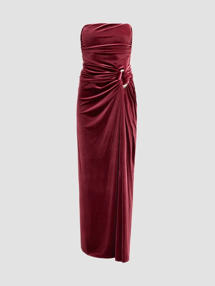 Emma Ruched Velvet Strapless Bustier Gown