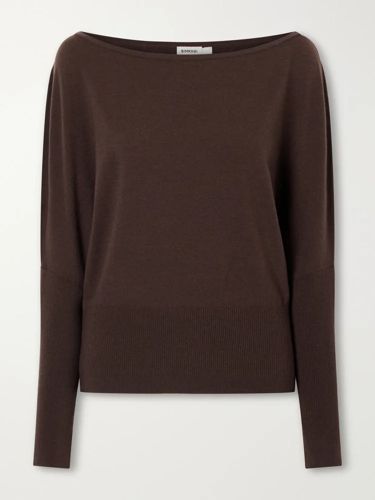 Lavina off-the-shoulder ribbed-detailed wool-blend sweater