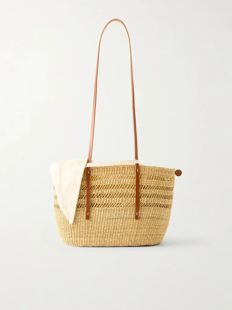 Bicro M leather-trimmed woven straw tote