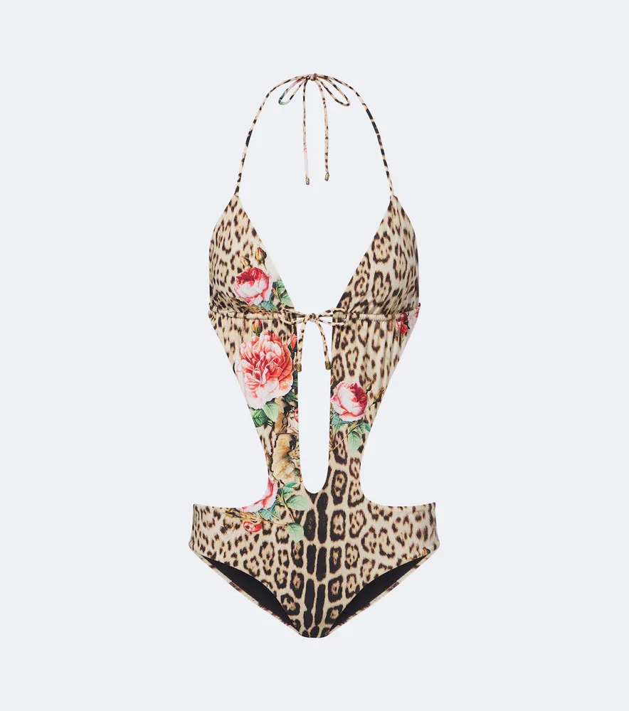 Leopard-print cutout swimsuit