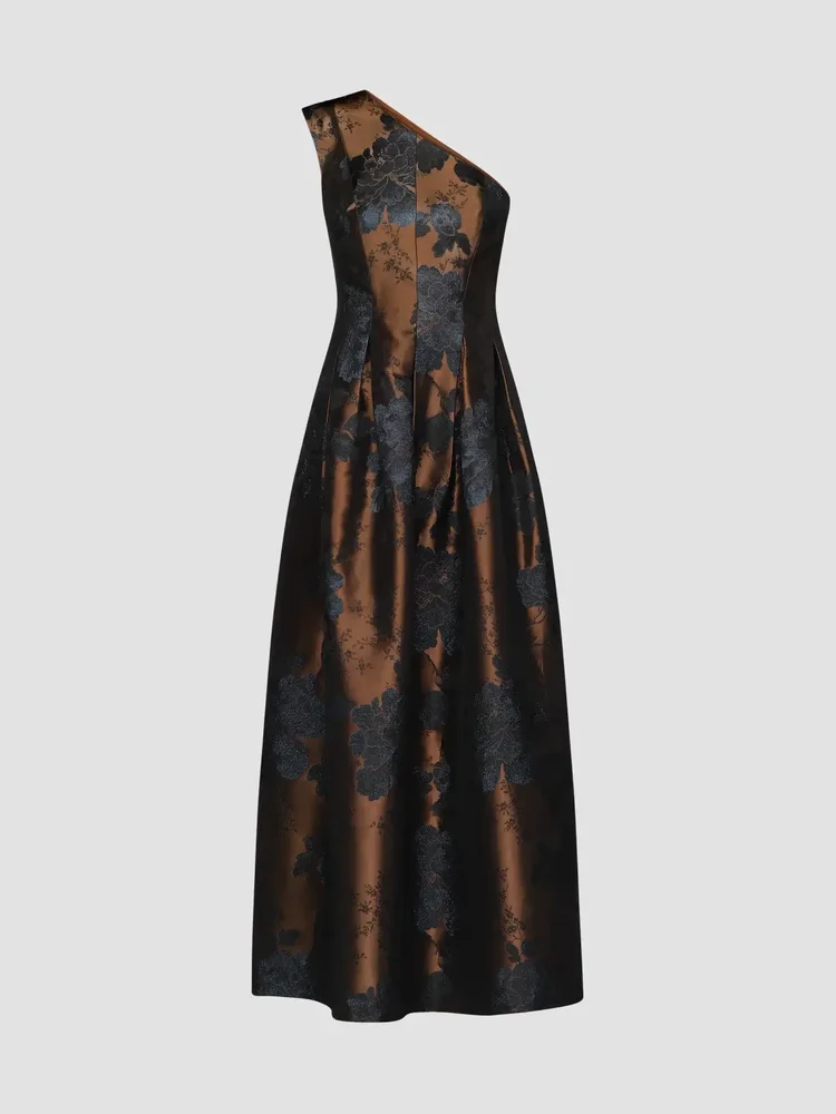 Brynlee Floral Jacqaurd One-Shoulder Gown