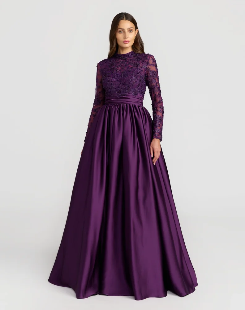 Aubergine Embroidered Long Sleeve Satin Ball Gown