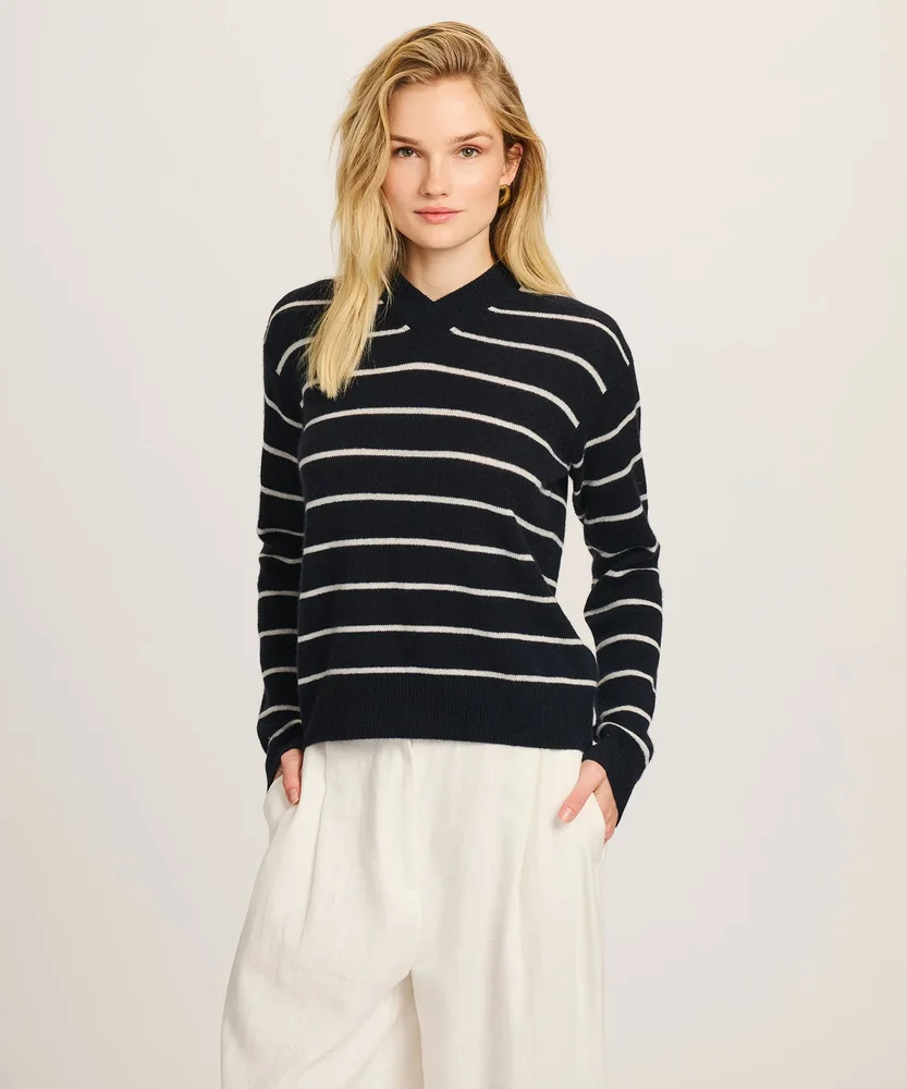 Lightweight Cashmere Striped High V-Neck Sweater