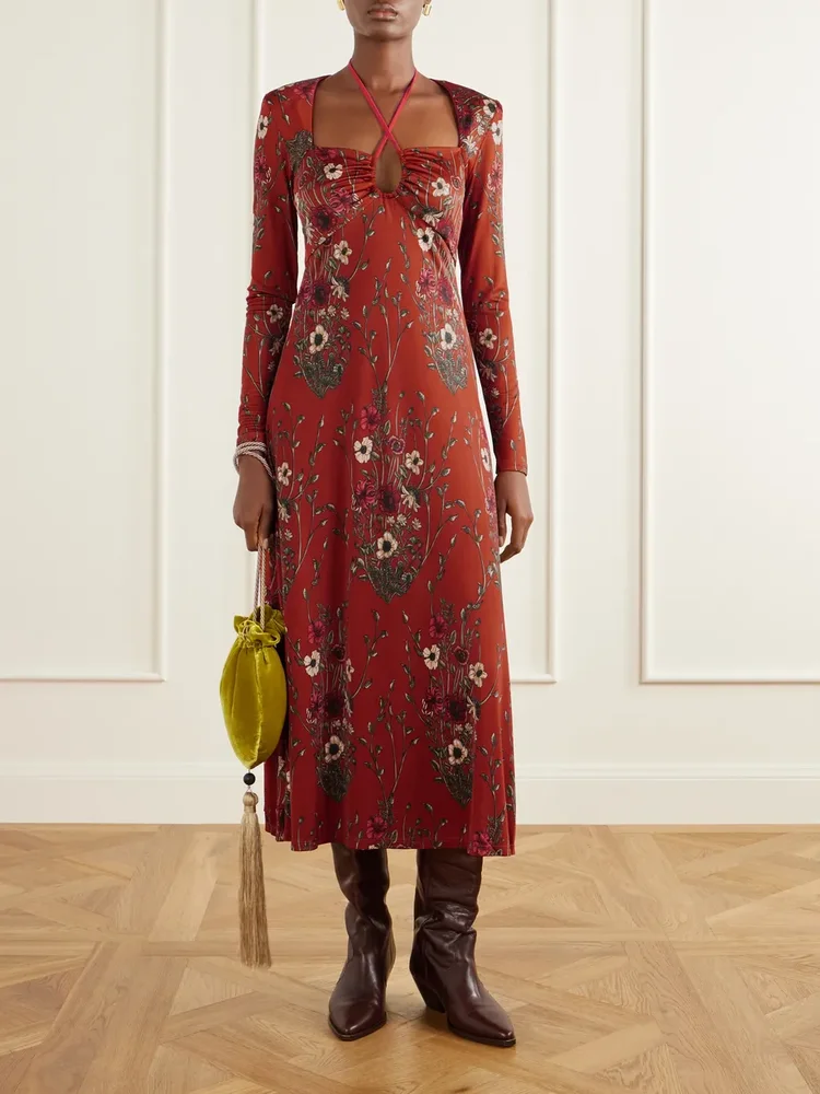 Festive Performance gathered floral-print stretch-jersey midi dress