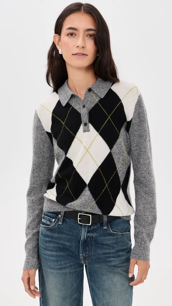 The Long Sleeve Cashmere Polo (Charcoal Argyle)
