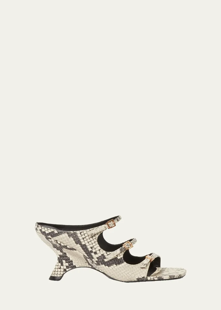 River Snake-Printed Leather Buckle Mules