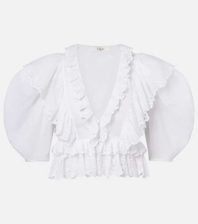 Embroidered ruffled cotton top