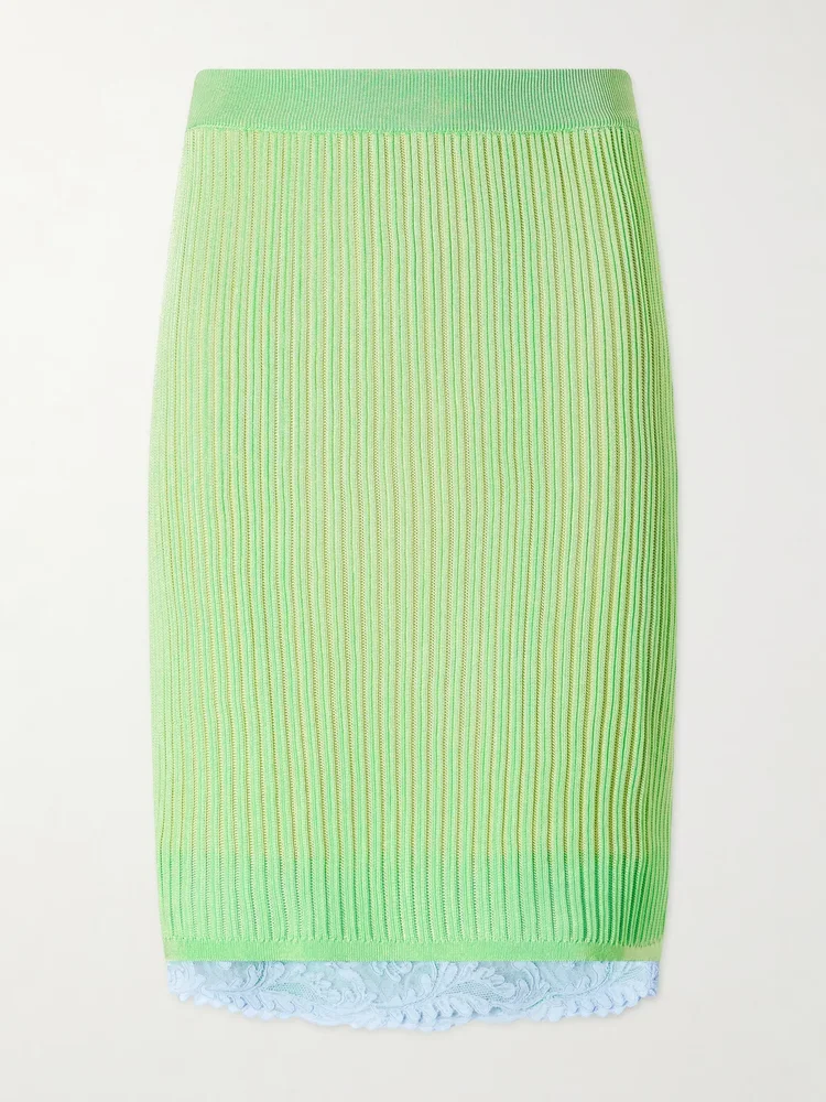 Lace-trimmed ribbed-knit midi skirt