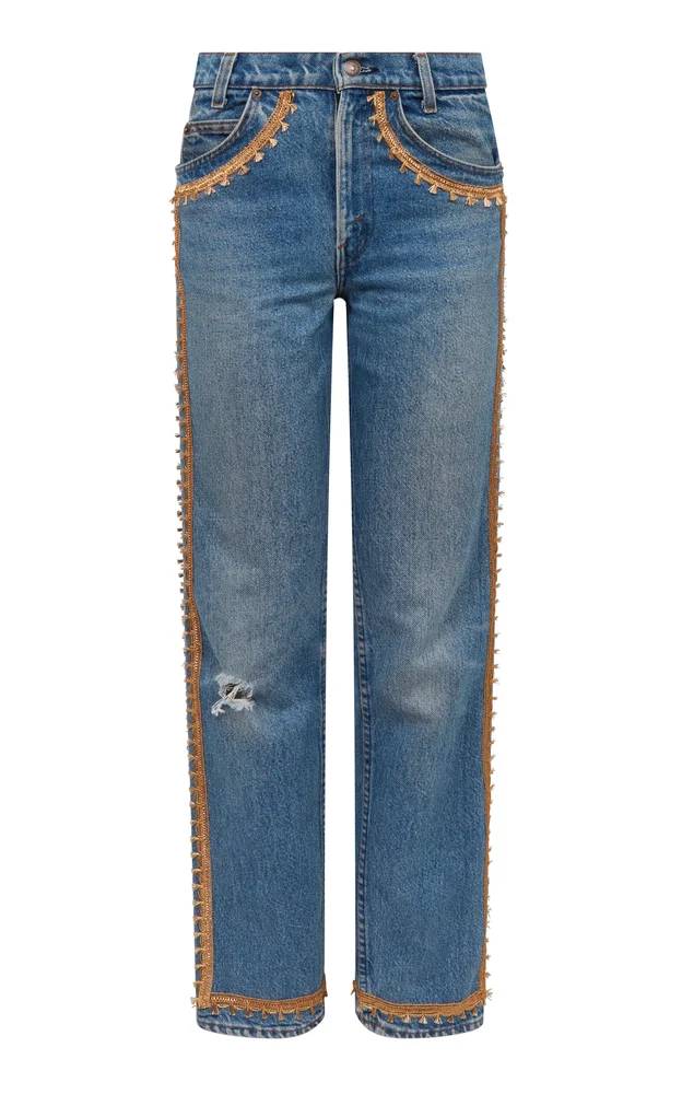 Embellished Rigid Mid-Rise Straight-Leg Jeans
