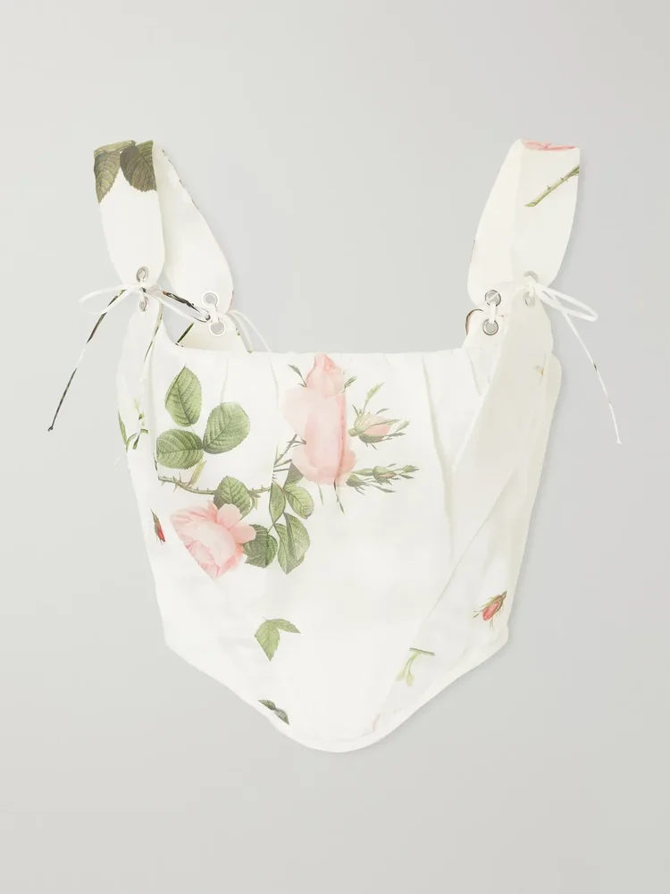 Kitten floral-print silk-satin corset