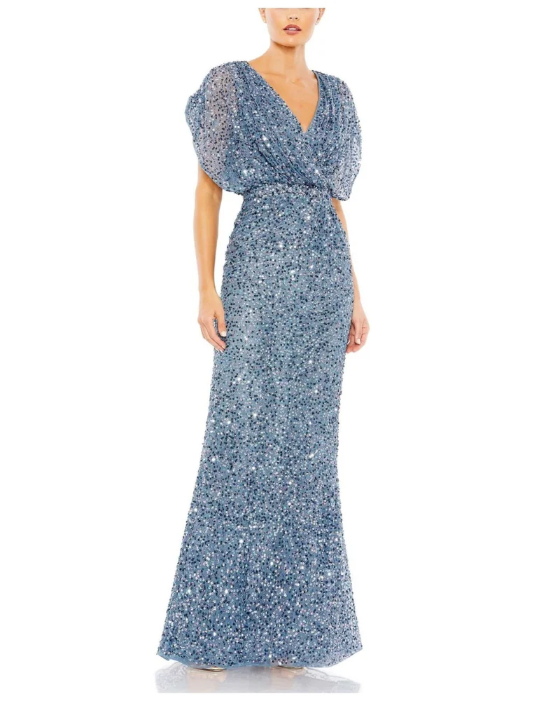 Draped Sleeves Ruched Waist Detail V-Neck Gown