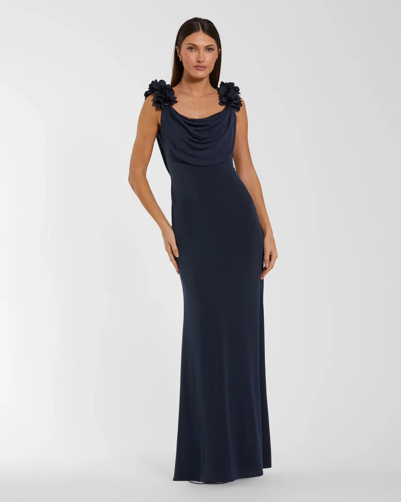 Petite Navy Cowl Neck Jersey Gown With 3D Flower Straps