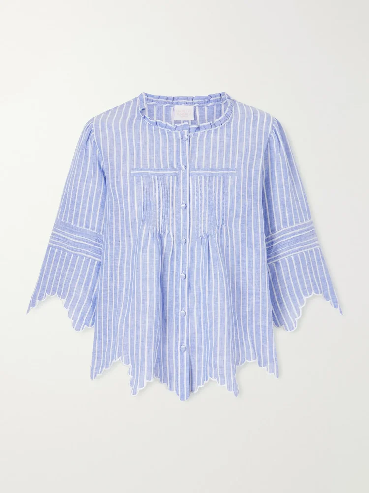 Matilde scalloped shirred striped linen shirt