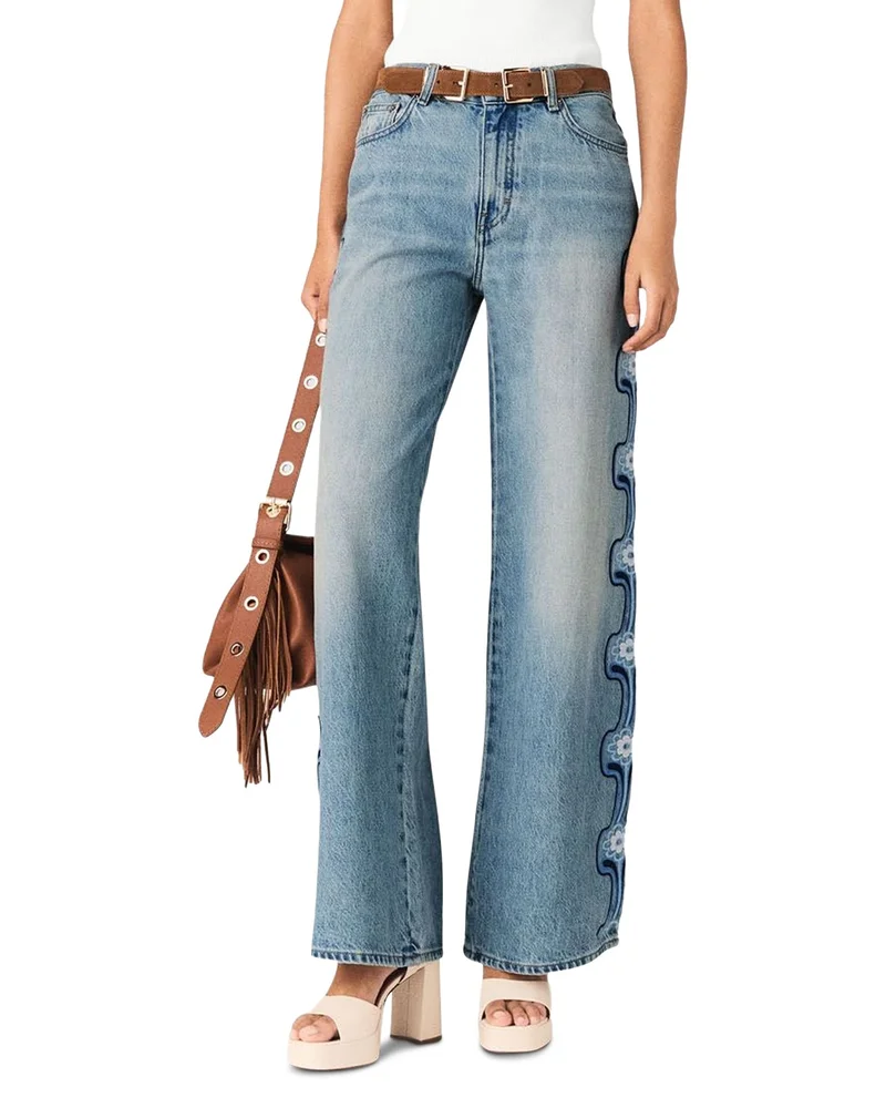 Pintbrode Floral Embroidered Wide Leg Jeans in Blue