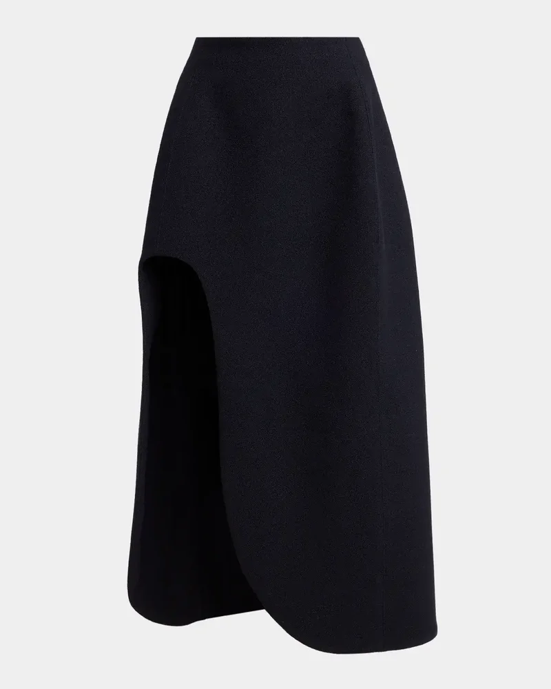 Curved Slit Wool Crepe Midi Skirt
