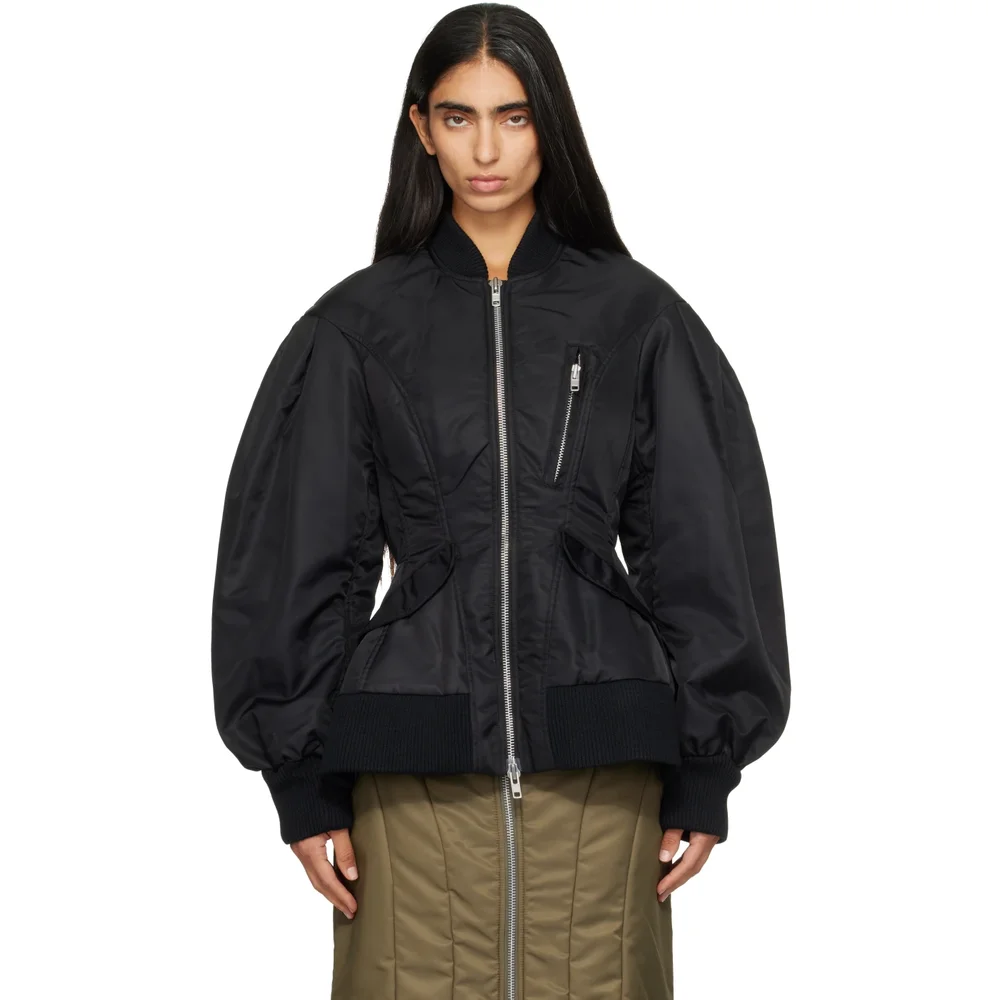 Black Padded Sculpted Bomber Jacket