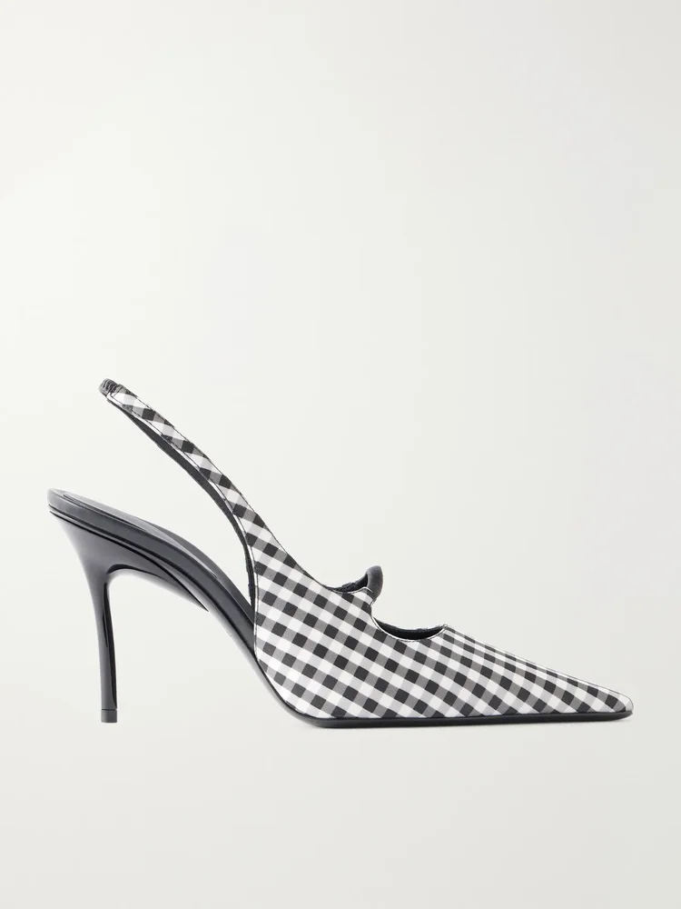 90 checked leather trimmed canvas slingback pumps