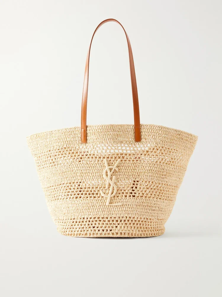Panier large leather-trimmed raffia tote