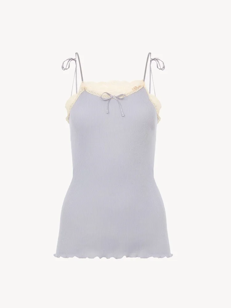 Thin-strap tank top in cotton jersey & lace