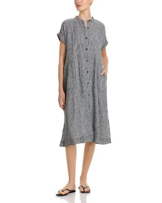 Puckered Linen Mandarin Collar Dress