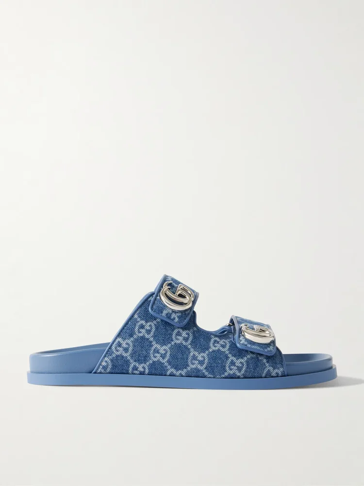 Embellished printed denim sandals